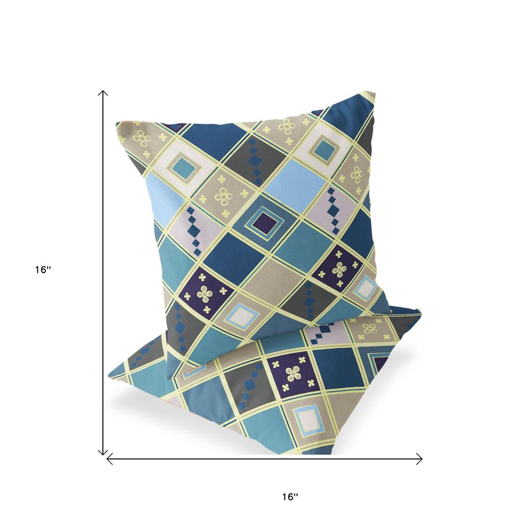 Set of Two 16" X 16" Blue, Gold Blown Seam Diamond Indoor Outdoor Throw Pillow. Picture 5