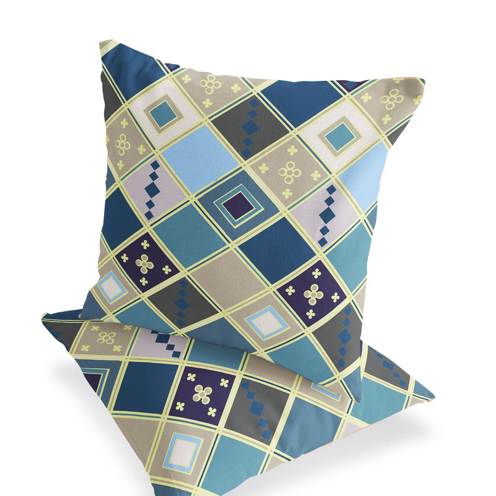 Set of Two 16" X 16" Blue, Gold Blown Seam Diamond Indoor Outdoor Throw Pillow. Picture 4