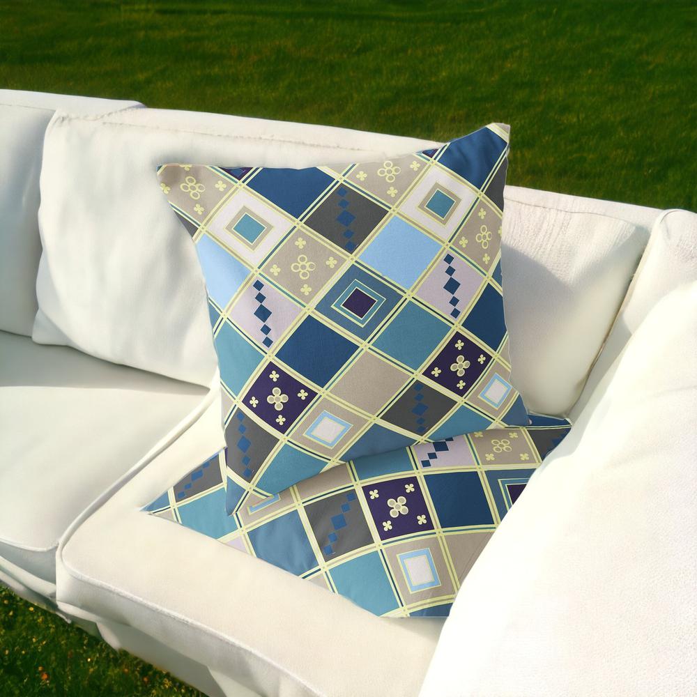 Set of Two 16" X 16" Blue, Gold Blown Seam Diamond Indoor Outdoor Throw Pillow. Picture 2