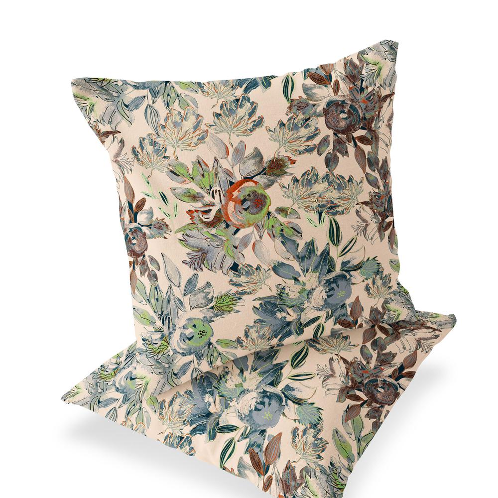 Set of Two 16" X 16" Green, Brown Blown Seam Floral Indoor Outdoor Throw Pillow. Picture 1