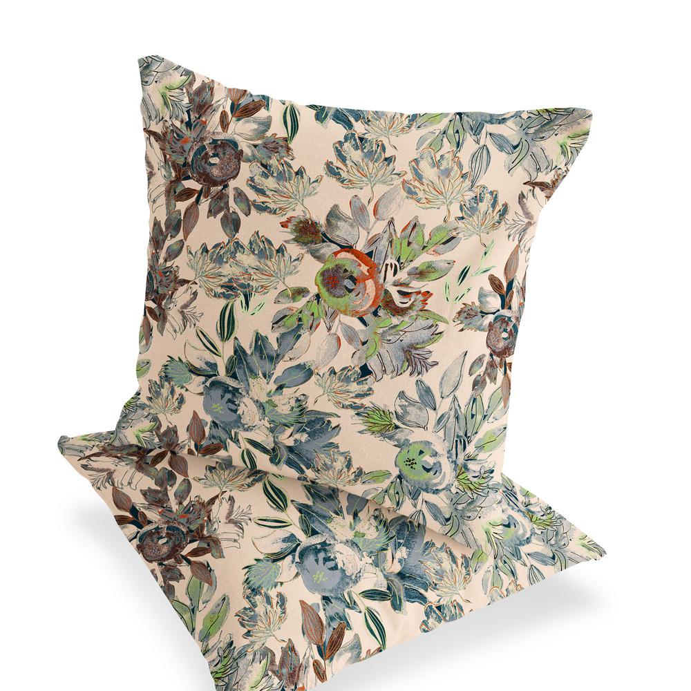 Set of Two 16" X 16" Green, Brown Blown Seam Floral Indoor Outdoor Throw Pillow. Picture 3