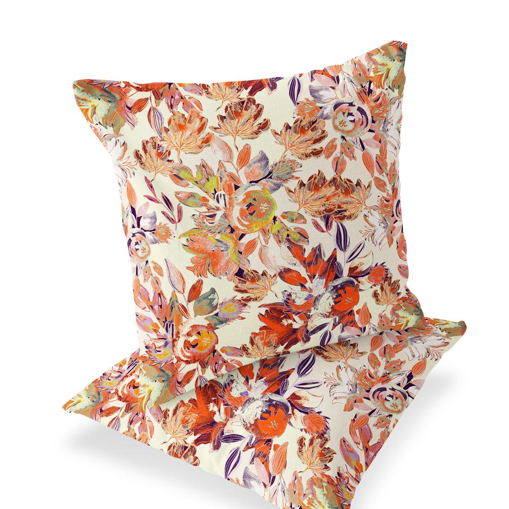Set of Two 16" X 16" Beige, Red Blown Seam Floral Indoor Outdoor Throw Pillow. Picture 1