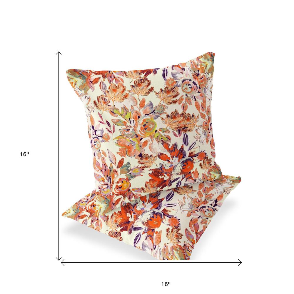 Set of Two 16" X 16" Beige, Red Blown Seam Floral Indoor Outdoor Throw Pillow. Picture 5