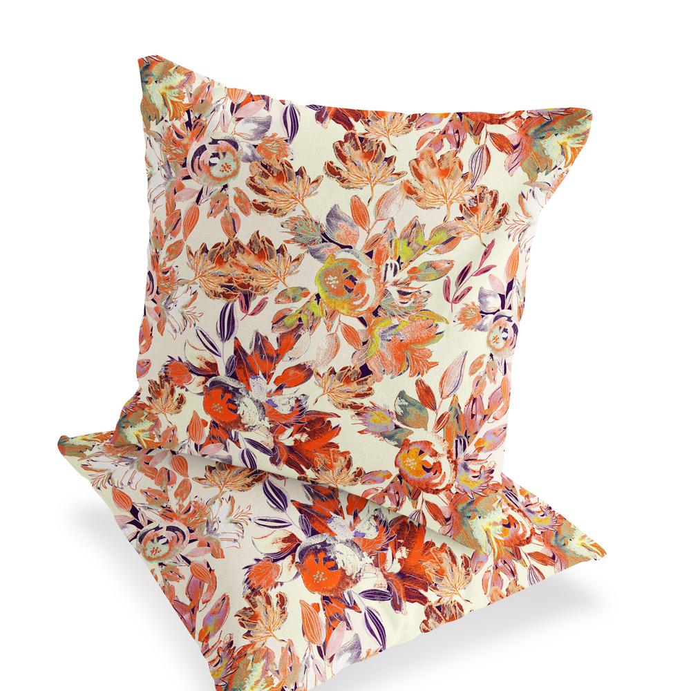 Set of Two 16" X 16" Beige, Red Blown Seam Floral Indoor Outdoor Throw Pillow. Picture 3