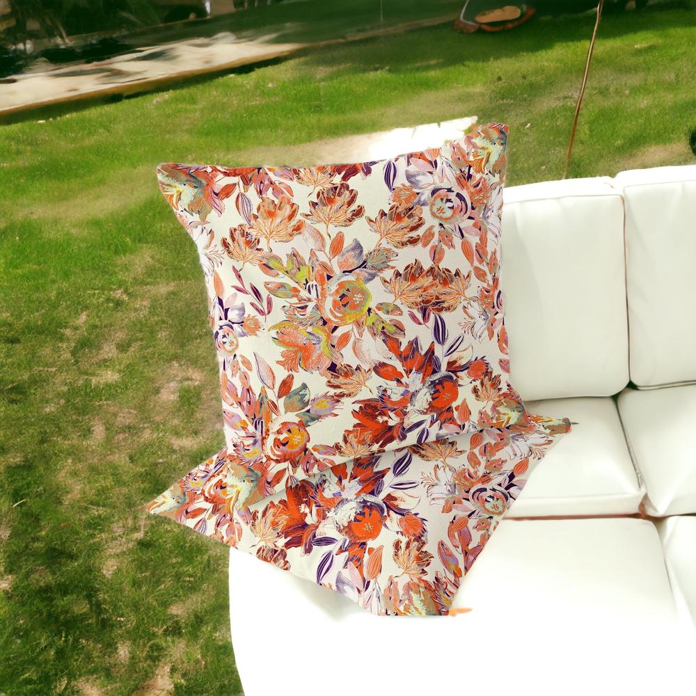 Set of Two 16" X 16" Beige, Red Blown Seam Floral Indoor Outdoor Throw Pillow. Picture 2