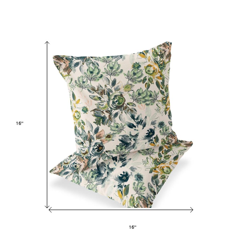 Set of Two 16" X 16" Green, White Blown Seam Floral Indoor Outdoor Throw Pillow. Picture 5
