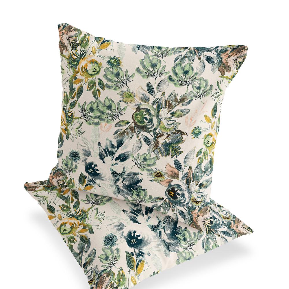 Set of Two 16" X 16" Green, White Blown Seam Floral Indoor Outdoor Throw Pillow. Picture 3