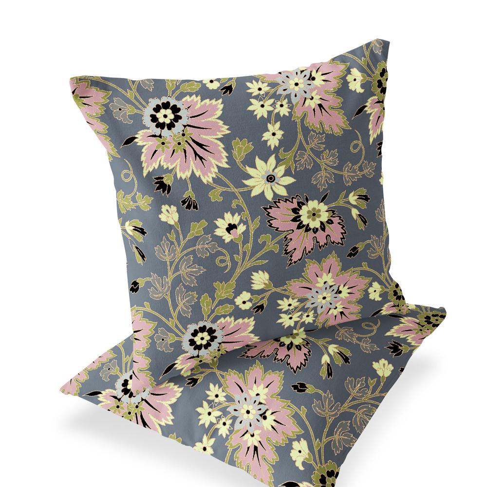 Set of Two 16" X 16" Gray, Pink Blown Seam Floral Indoor Outdoor Throw Pillow. Picture 1