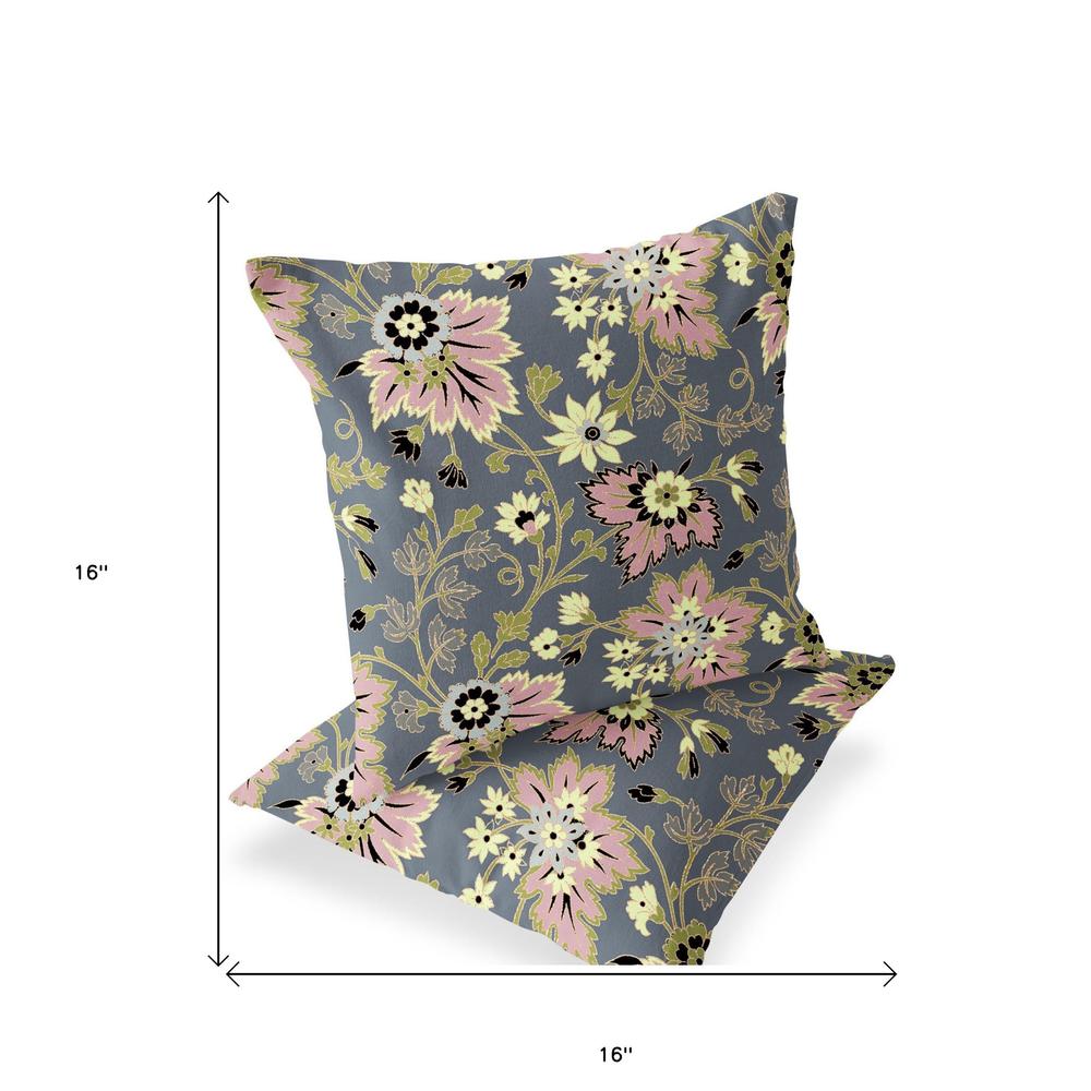 Set of Two 16" X 16" Gray, Pink Blown Seam Floral Indoor Outdoor Throw Pillow. Picture 5