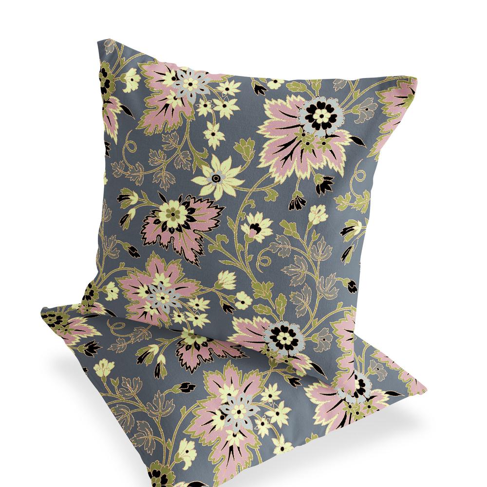 Set of Two 16" X 16" Gray, Pink Blown Seam Floral Indoor Outdoor Throw Pillow. Picture 3
