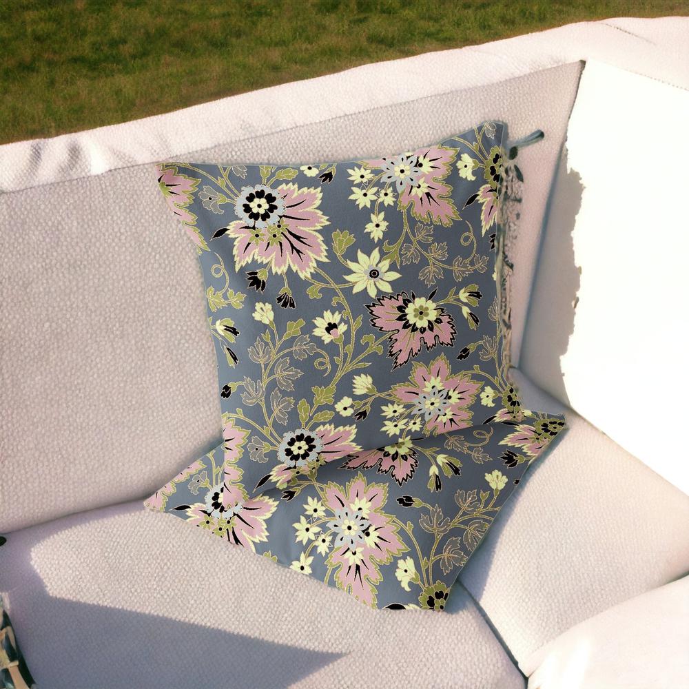 Set of Two 16" X 16" Gray, Pink Blown Seam Floral Indoor Outdoor Throw Pillow. Picture 2