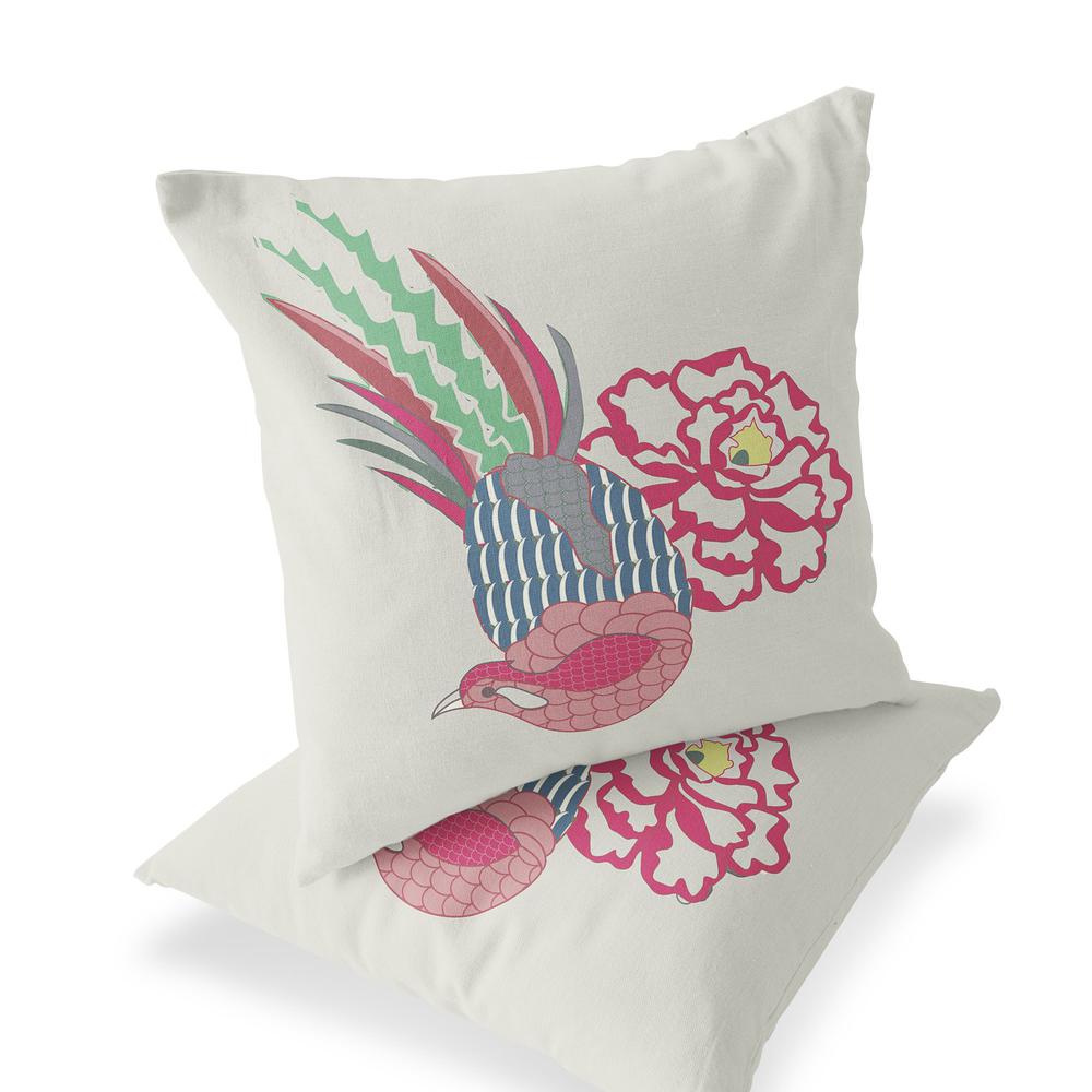 Pink, White Peacock Blown Seam Floral Indoor Outdoor Throw Pillow. Picture 1