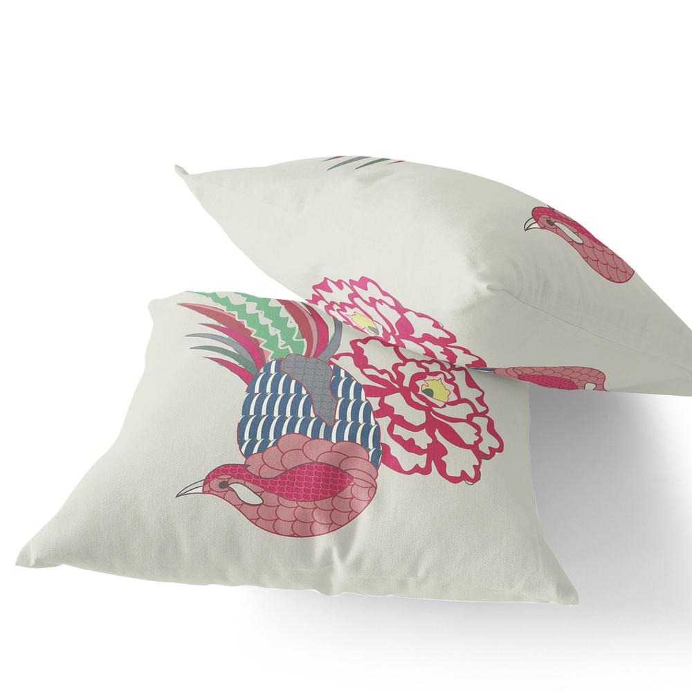 Pink, White Peacock Blown Seam Floral Indoor Outdoor Throw Pillow. Picture 3