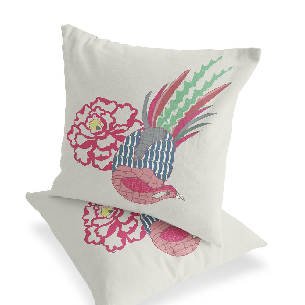 Pink, White Peacock Blown Seam Floral Indoor Outdoor Throw Pillow. Picture 4