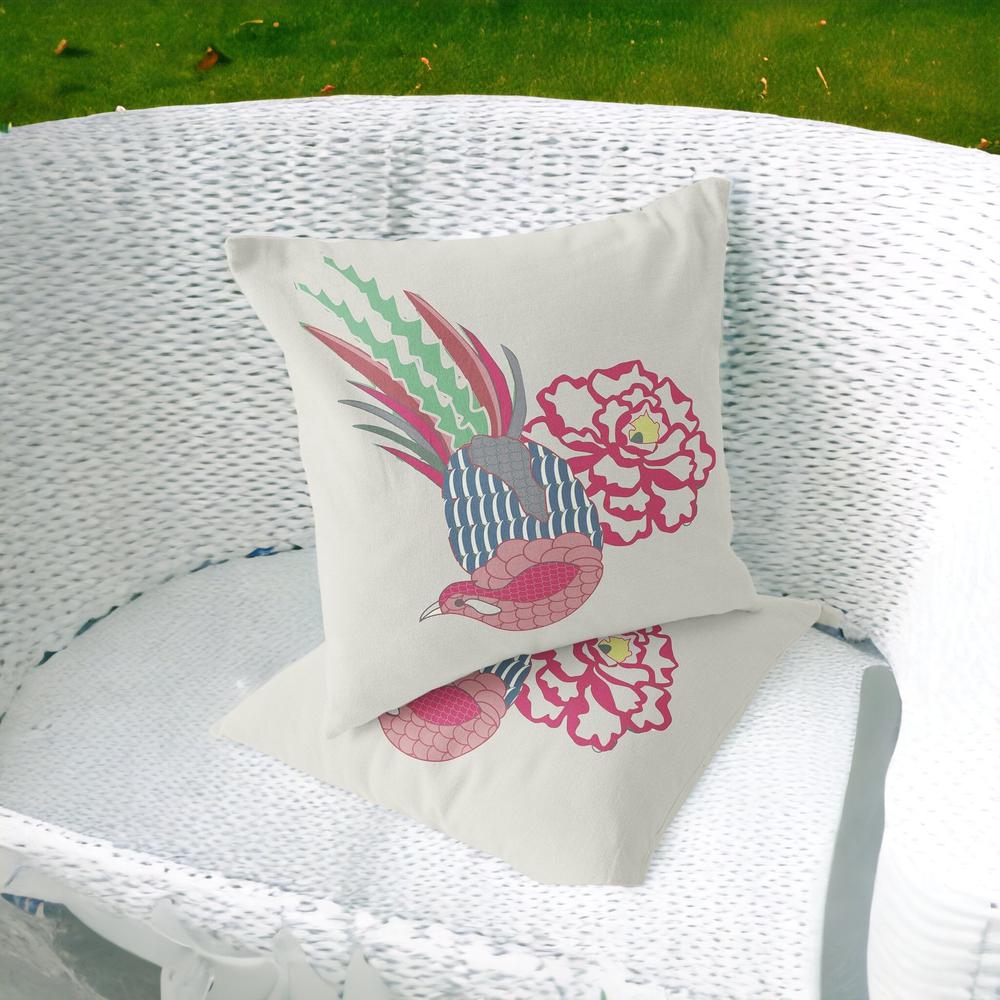 Pink, White Peacock Blown Seam Floral Indoor Outdoor Throw Pillow. Picture 2
