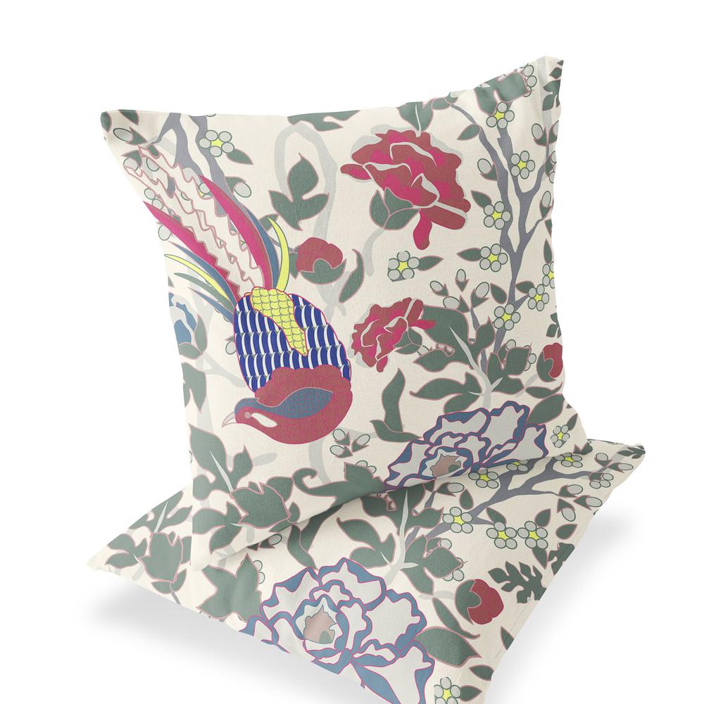 Red, White Peacock Blown Seam Floral Indoor Outdoor Throw Pillow. Picture 1