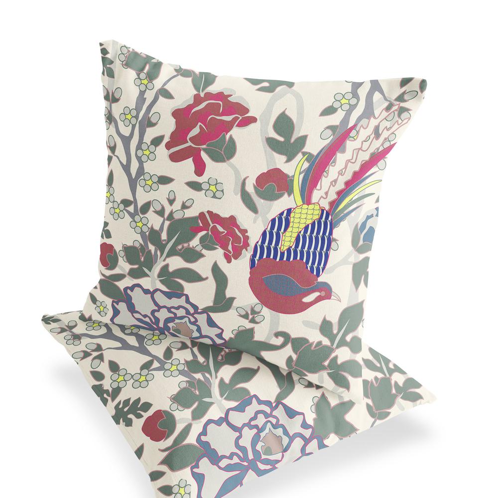 Red, White Peacock Blown Seam Floral Indoor Outdoor Throw Pillow. Picture 3