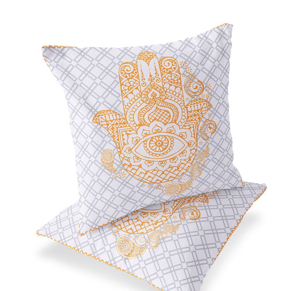 Set of Two 16" X 16" Gray and Gold Blown Seam Hamsa Indoor Outdoor Throw Pillow. Picture 1