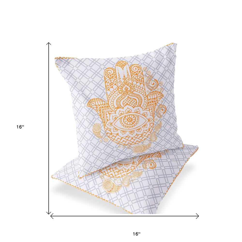 Set of Two 16" X 16" Gray and Gold Blown Seam Hamsa Indoor Outdoor Throw Pillow. Picture 4