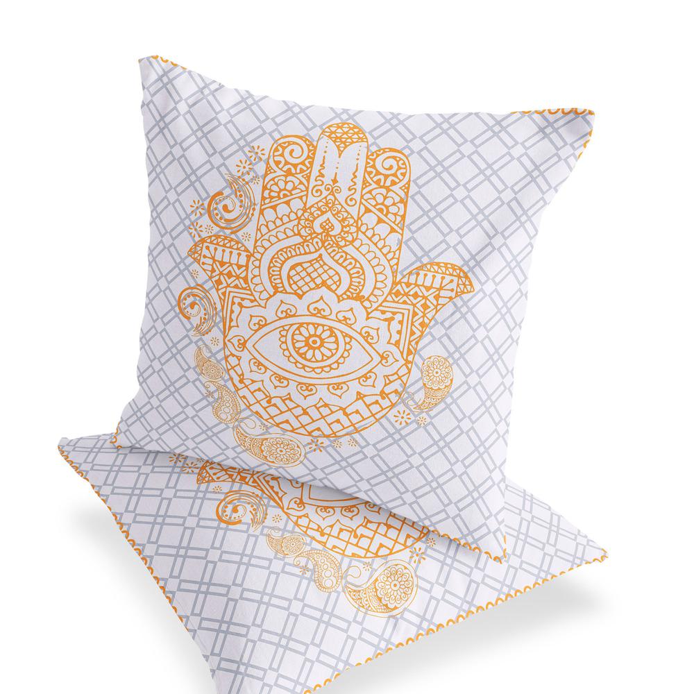 Set of Two 16" X 16" Gray and Gold Blown Seam Hamsa Indoor Outdoor Throw Pillow. Picture 3