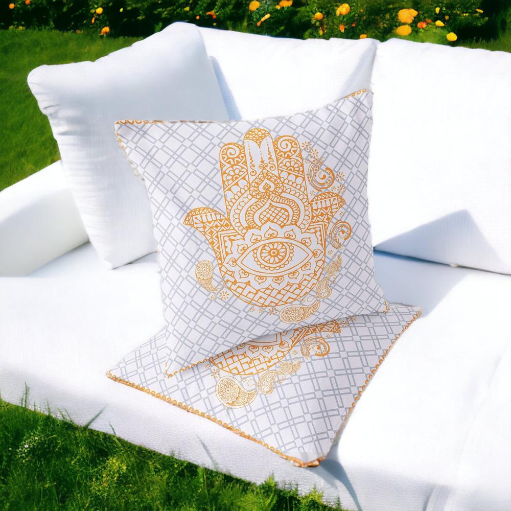 Set of Two 16" X 16" Gray and Gold Blown Seam Hamsa Indoor Outdoor Throw Pillow. Picture 2