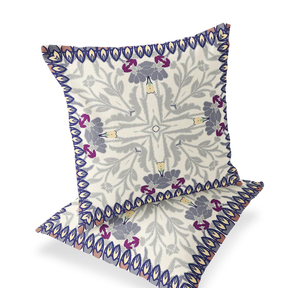 Set of Two 16" X 16" Gray, Purple Blown Seam Floral Indoor Outdoor Throw Pillow. Picture 1