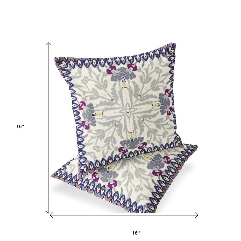 Set of Two 16" X 16" Gray, Purple Blown Seam Floral Indoor Outdoor Throw Pillow. Picture 5