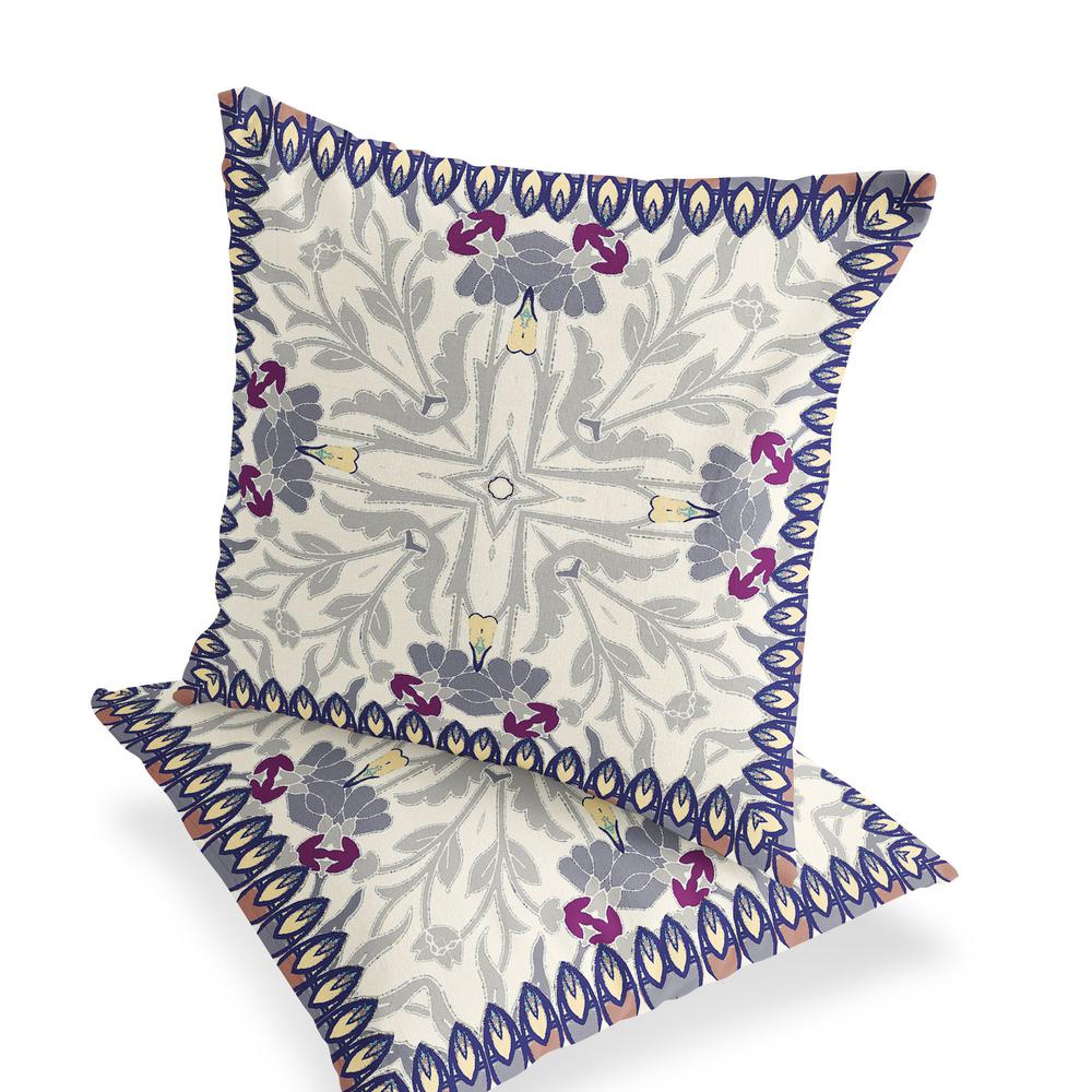 Set of Two 16" X 16" Gray, Purple Blown Seam Floral Indoor Outdoor Throw Pillow. Picture 4