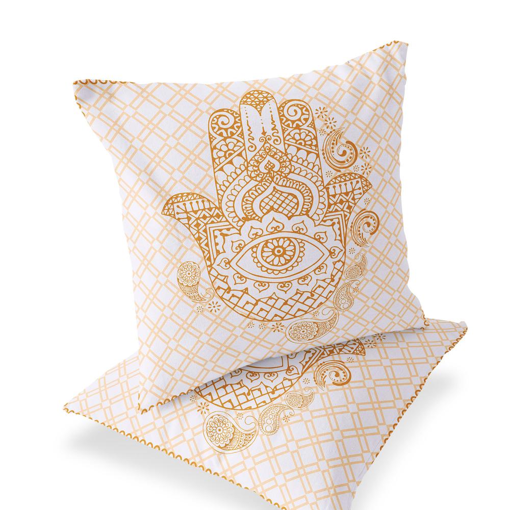 Set of Two 16" X 16" Gold, White Blown Seam Hamsa Indoor Outdoor Throw Pillow. Picture 1