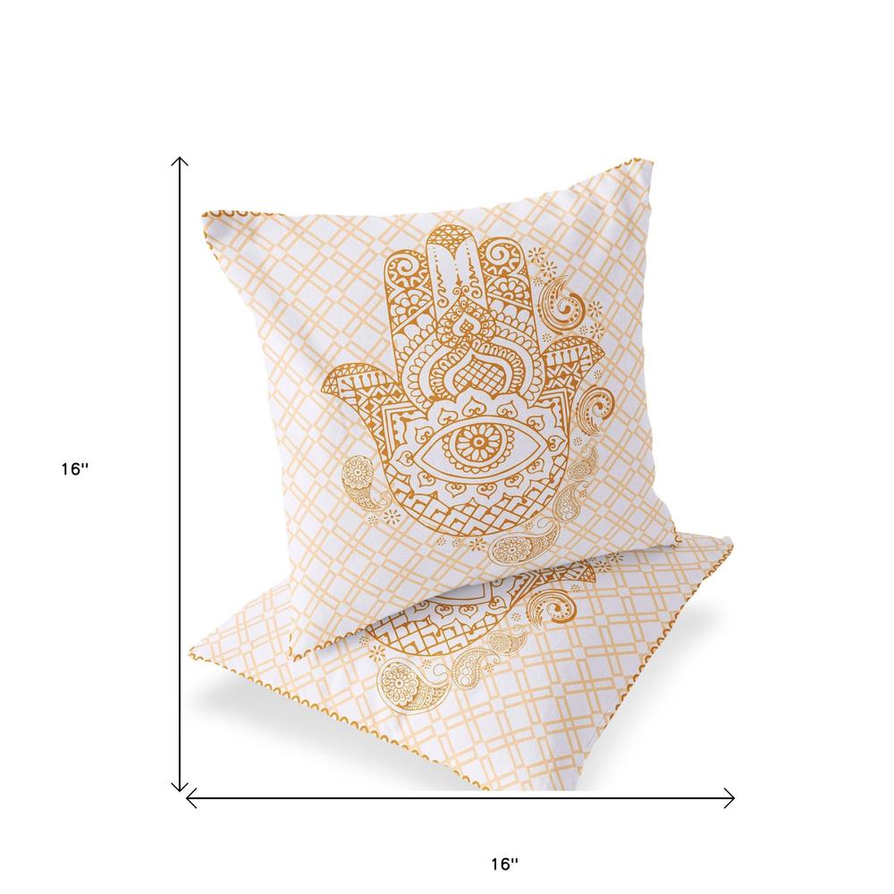 Set of Two 16" X 16" Gold, White Blown Seam Hamsa Indoor Outdoor Throw Pillow. Picture 4
