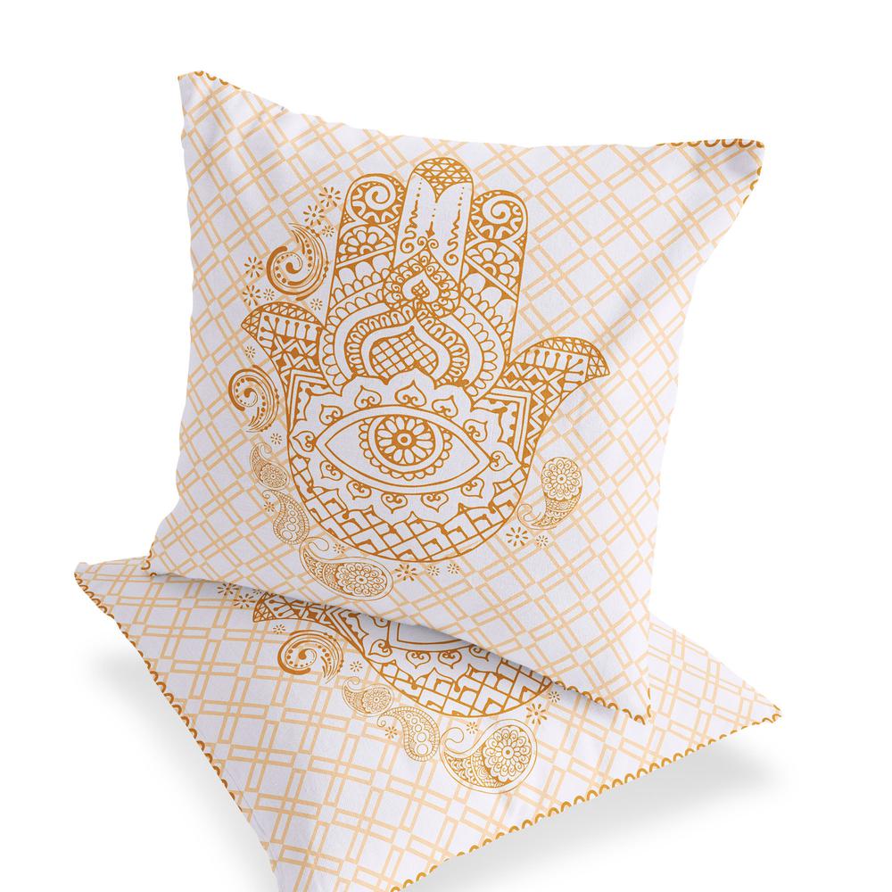 Set of Two 16" X 16" Gold, White Blown Seam Hamsa Indoor Outdoor Throw Pillow. Picture 3