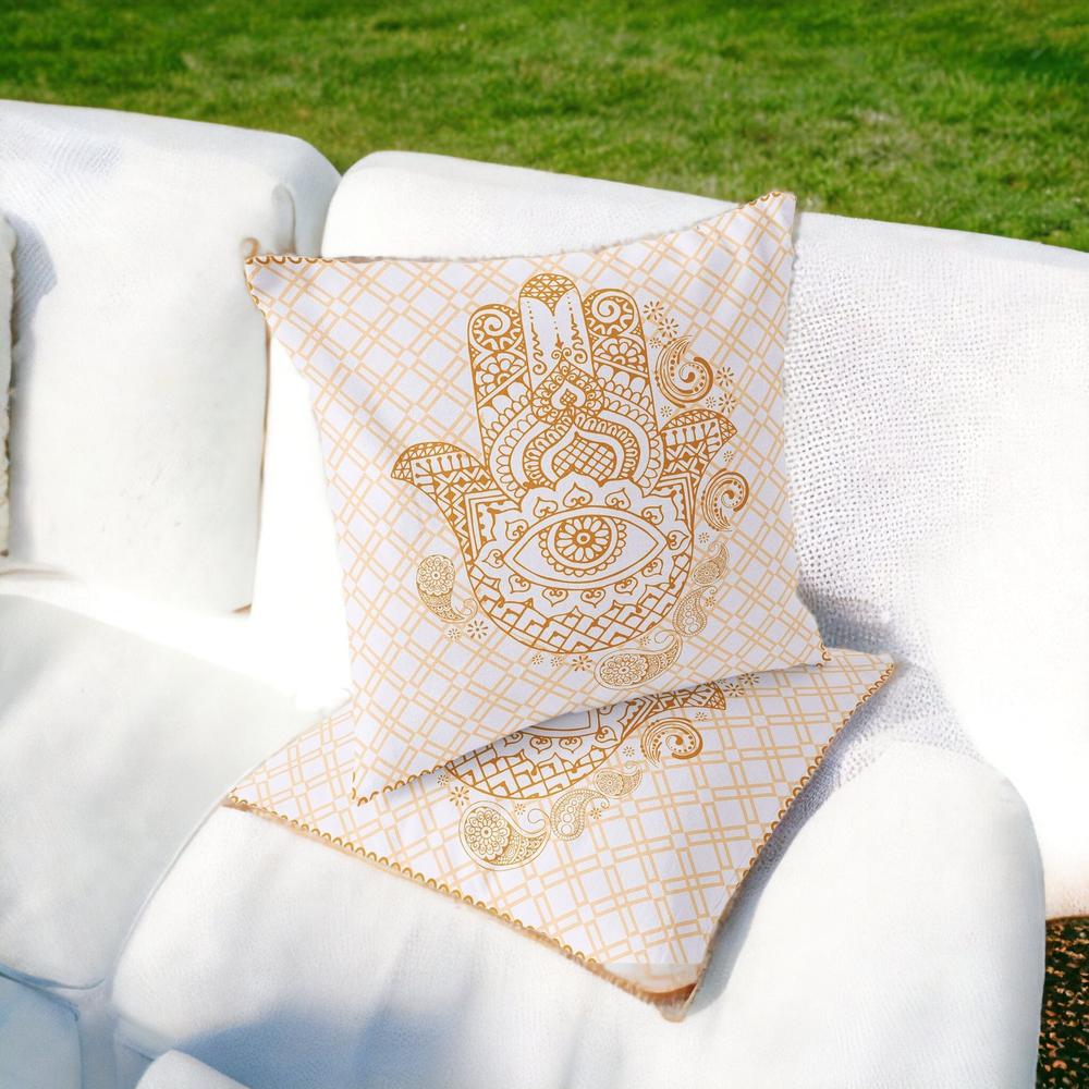 Set of Two 16" X 16" Gold, White Blown Seam Hamsa Indoor Outdoor Throw Pillow. Picture 2