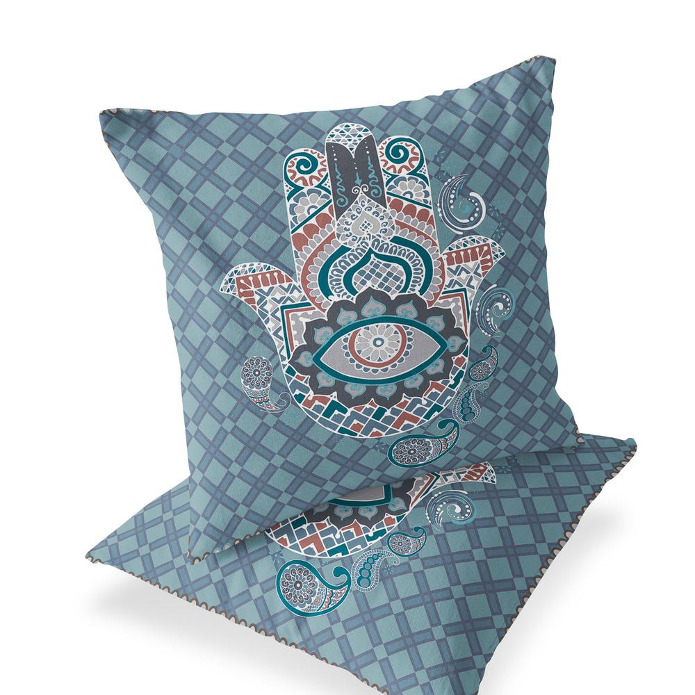 Set of Two 16" X 16" Blue, White Blown Seam Hamsa Indoor Outdoor Throw Pillow. Picture 1