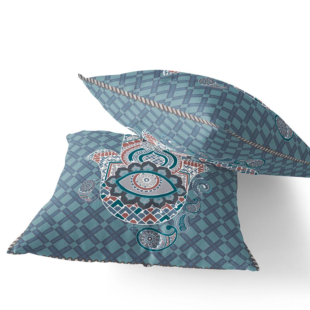 Set of Two 16" X 16" Blue, White Blown Seam Hamsa Indoor Outdoor Throw Pillow. Picture 4