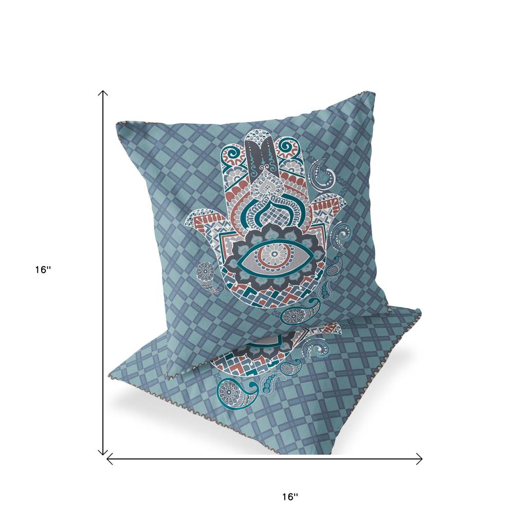 Set of Two 16" X 16" Blue, White Blown Seam Hamsa Indoor Outdoor Throw Pillow. Picture 5