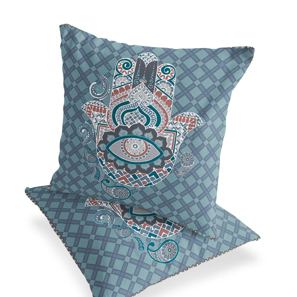 Set of Two 16" X 16" Blue, White Blown Seam Hamsa Indoor Outdoor Throw Pillow. Picture 3