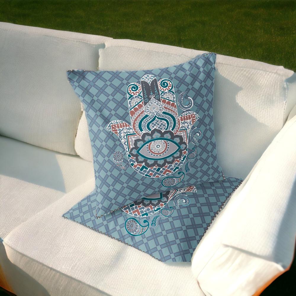 Set of Two 16" X 16" Blue, White Blown Seam Hamsa Indoor Outdoor Throw Pillow. Picture 2