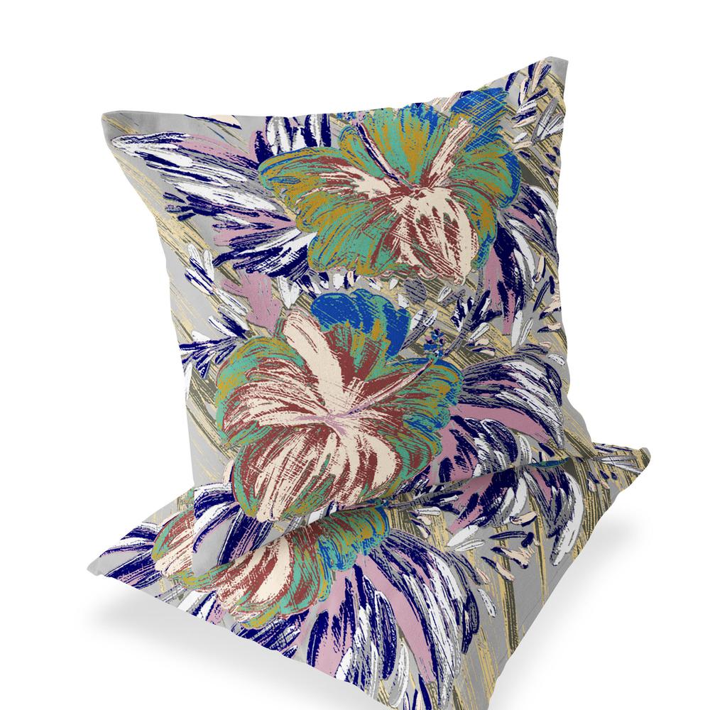 Set of Two 16" X 16" Green, White Blown Seam Floral Indoor Outdoor Throw Pillow. Picture 1