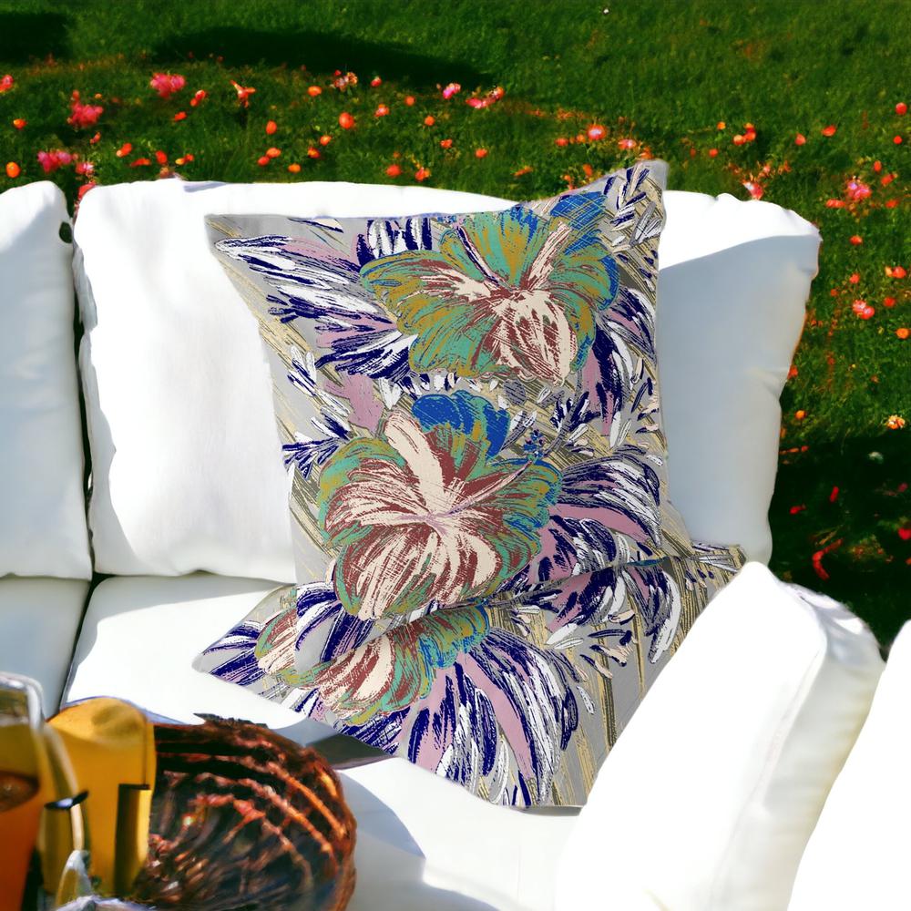 Set of Two 16" X 16" Green, White Blown Seam Floral Indoor Outdoor Throw Pillow. Picture 2