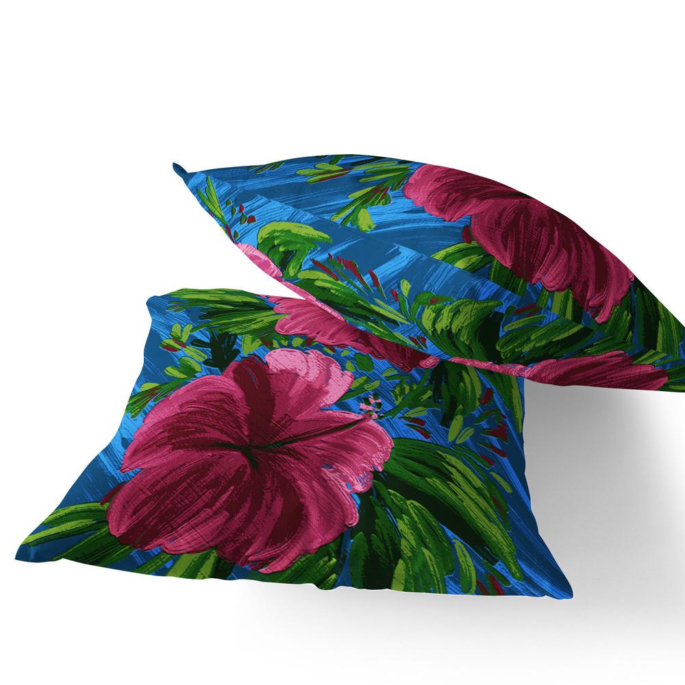 Set of Two 16" X 16" Blue, Pink Blown Seam Floral Indoor Outdoor Throw Pillow. Picture 4