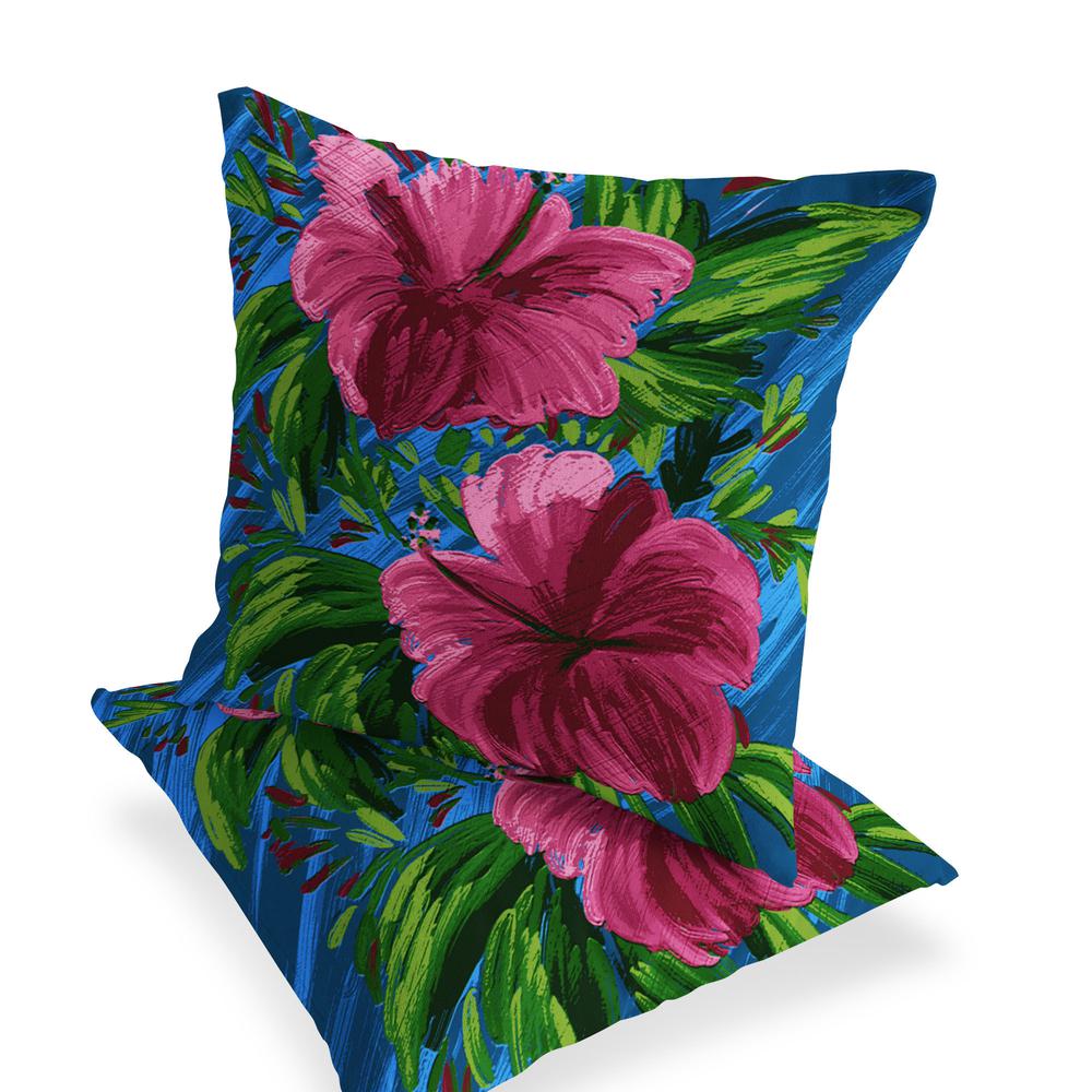 Set of Two 16" X 16" Blue, Pink Blown Seam Floral Indoor Outdoor Throw Pillow. Picture 3