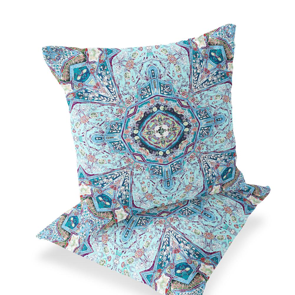 Set of Two 16" X 16" Blue, Pink Blown Seam Floral Indoor Outdoor Throw Pillow. Picture 1