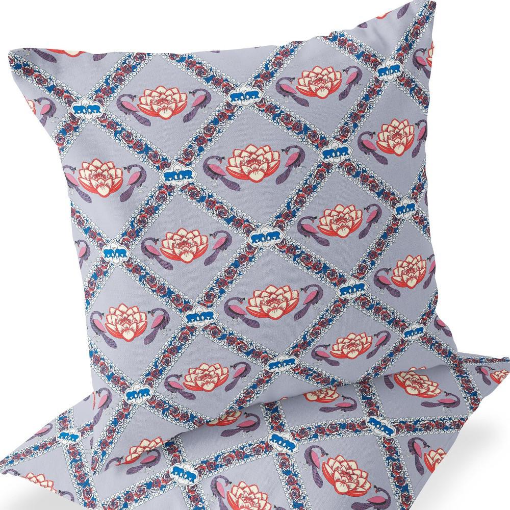 Blue, Gray Peacock Blown Seam Floral Indoor Outdoor Throw Pillow. Picture 6