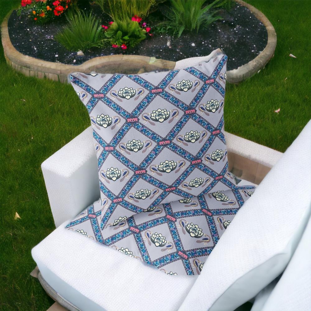 Blue, Gray Peacock Blown Seam Floral Indoor Outdoor Throw Pillow. Picture 2