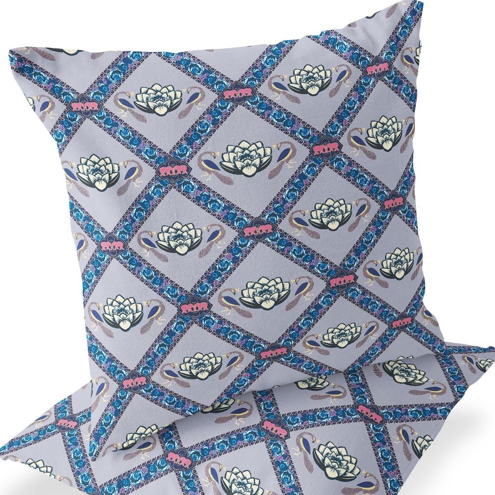 Blue, Gray Peacock Blown Seam Floral Indoor Outdoor Throw Pillow. Picture 6