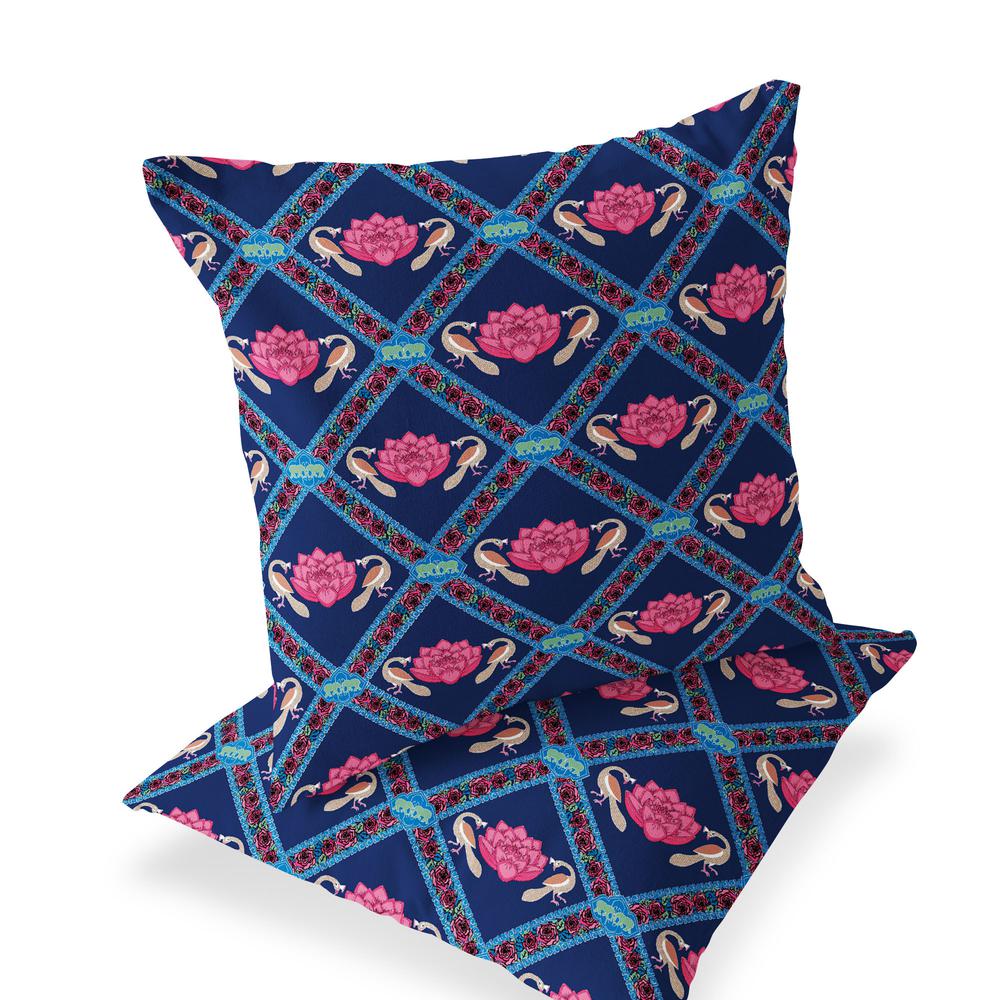 Blue, Pink Peacock Blown Seam Floral Indoor Outdoor Throw Pillow. Picture 1