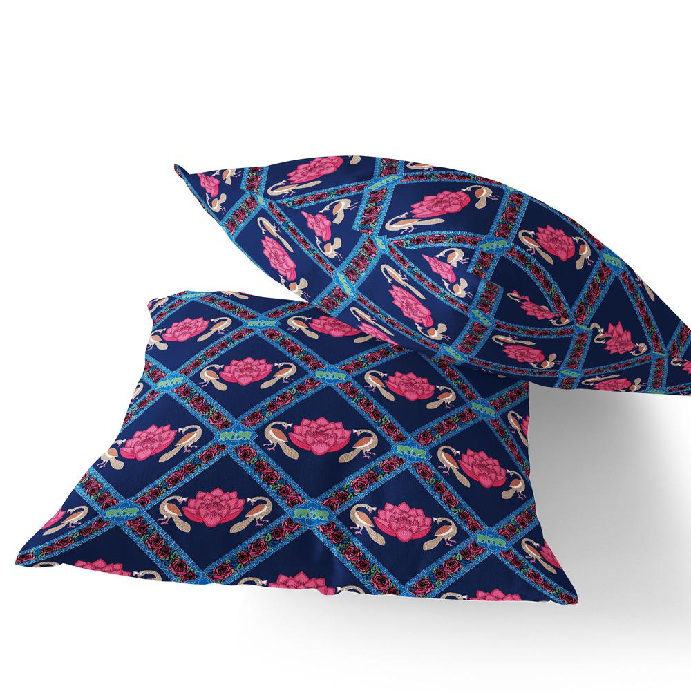 Blue, Pink Peacock Blown Seam Floral Indoor Outdoor Throw Pillow. Picture 4