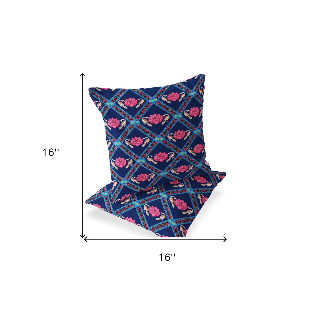 Blue, Pink Peacock Blown Seam Floral Indoor Outdoor Throw Pillow. Picture 7