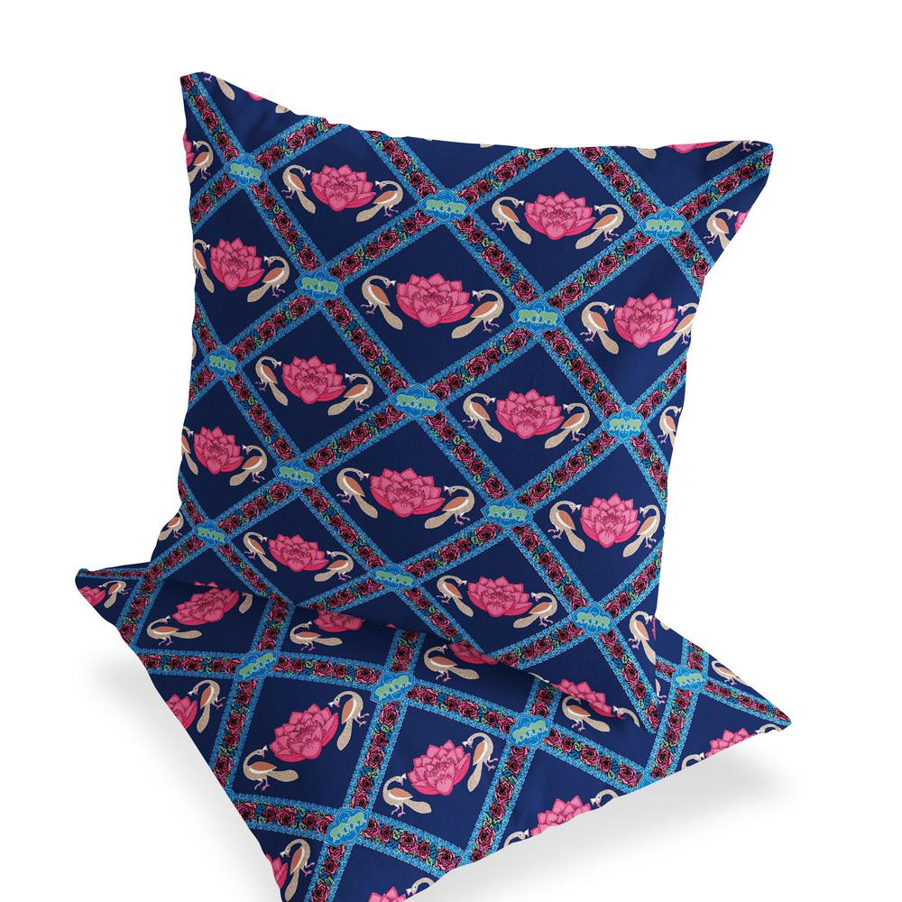 Blue, Pink Peacock Blown Seam Floral Indoor Outdoor Throw Pillow. Picture 3