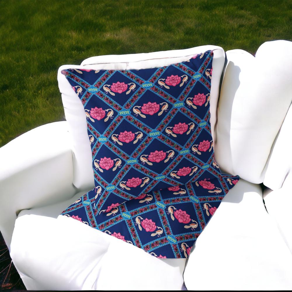Blue, Pink Peacock Blown Seam Floral Indoor Outdoor Throw Pillow. Picture 2